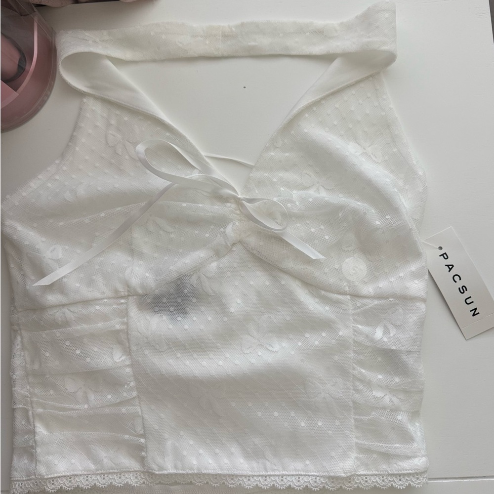 PacSun Ivory Lace Bow Halter Top